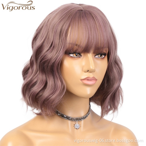 Vigorous Good Quality Synthetic Short Wavy Wigs Short Bob Purple Mixed Pink Wig With Neat Bangs Heat Resistant Wholesale Price